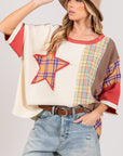 SAGE + FIG Round Neck Plaid Star Patch T-Shirt