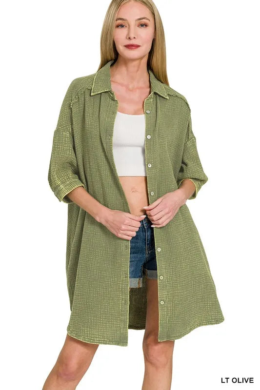 Zenana Washed Double Gauze Button Down Shirt Dress in Olive