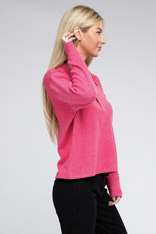 Zenana Brushed Melange Hacci Collared Sweater