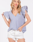 Ces Femme Striped V-Neck Ruffled Cap Sleeve Blouse