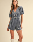 Mable Jewel Bow Decor Puff Sleeve Velvet Romper