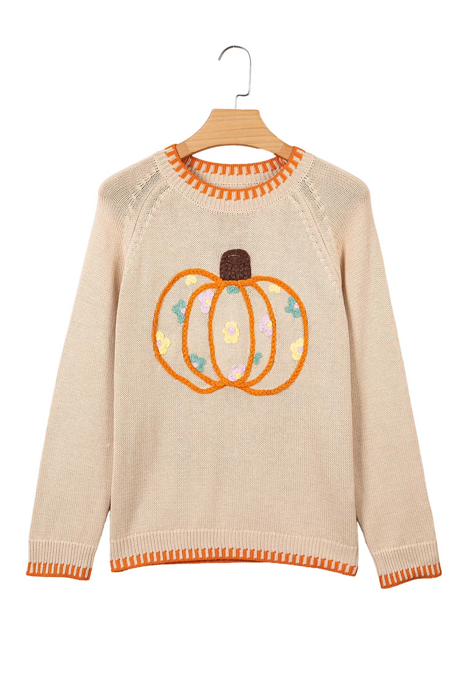 Pumpkin Floral Embroidered Round Neck Sweater