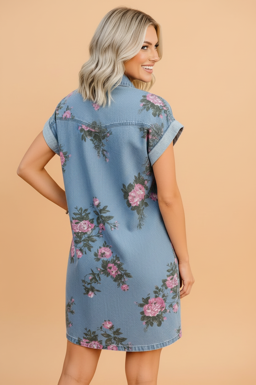 Floral Denim Cuffed Short Sleeve Buttoned Dress