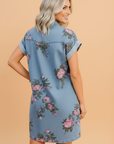 Floral Denim Cuffed Short Sleeve Buttoned Dress
