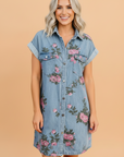 Floral Denim Cuffed Short Sleeve Buttoned Dress