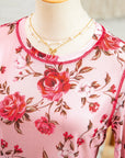 Pink Floral Print Exposed Seam Detail Mesh Long Sleeve Top