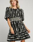 Umgee Ribbon Print Frill Contrast Velvet Trim Half Sleeve Dress