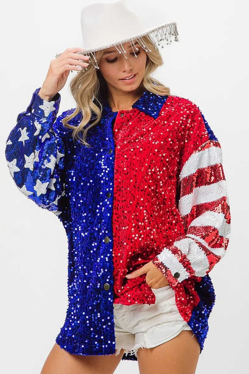 BiBi American Flag Sequin Snap Down Shirt