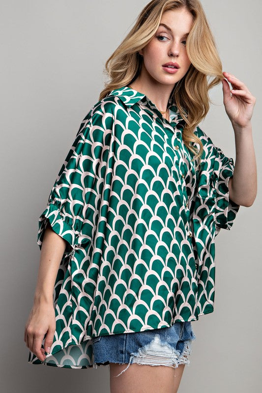 Light Satin Print Button Down Shirt