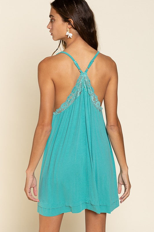 POL Sleeveless Deep V-neck Dress with Lace on Front - Online Only