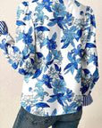 Floral Stripe Patchwork V-Neck Flounce Sleeve Blouse