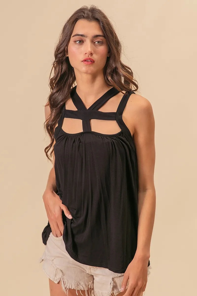 BiBi Rayon Span Jersey Cut Out with Straps Detailed in Black