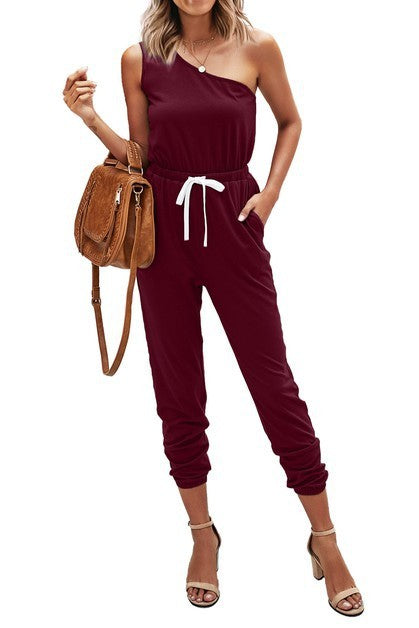 One Shoulder Sleeveless Elastic Waist Jumpsuit