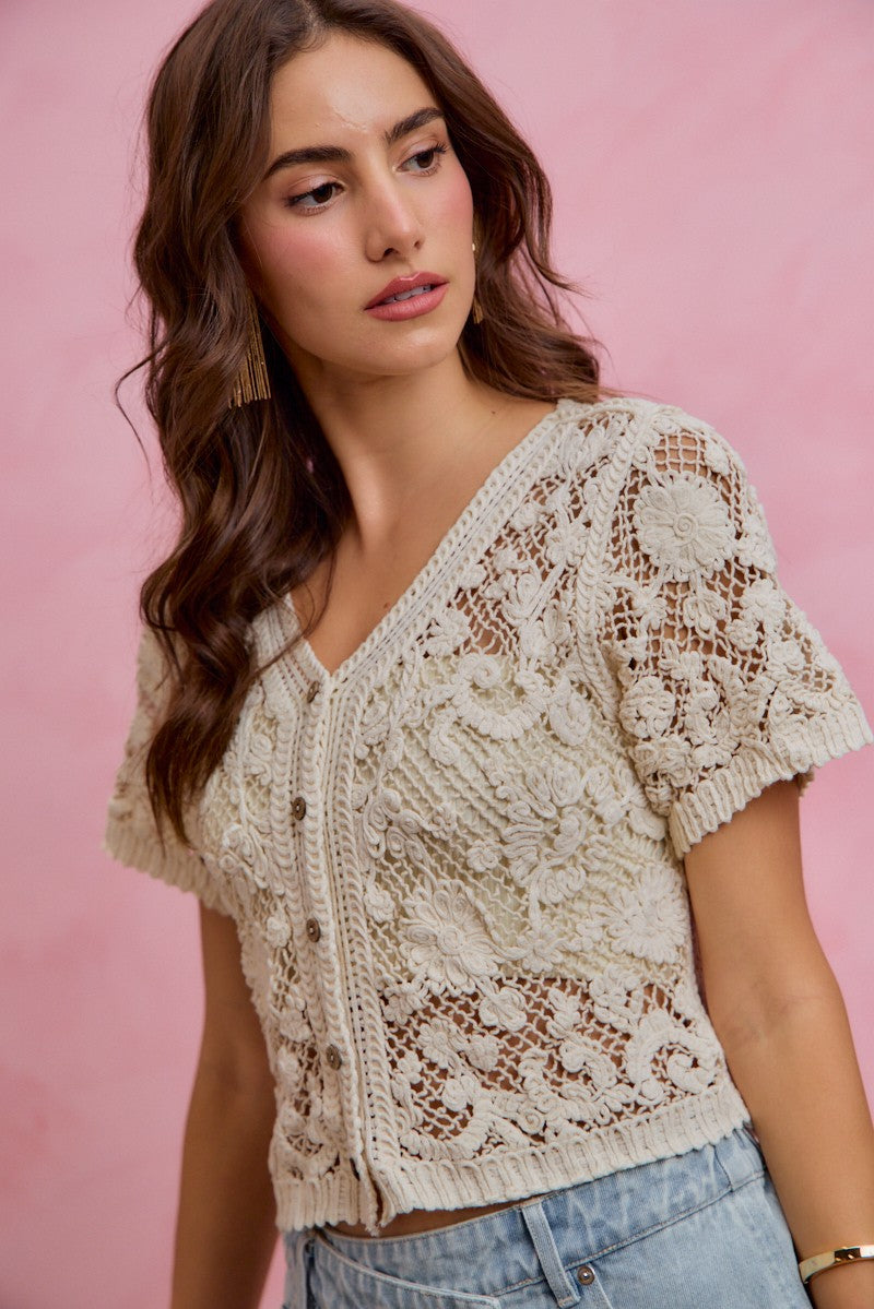 SO ME Floral Crochet Lace Button Down Cardigan