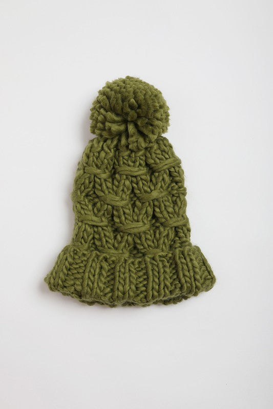 Oversized Chunky Knit Pom Beanie in Olive