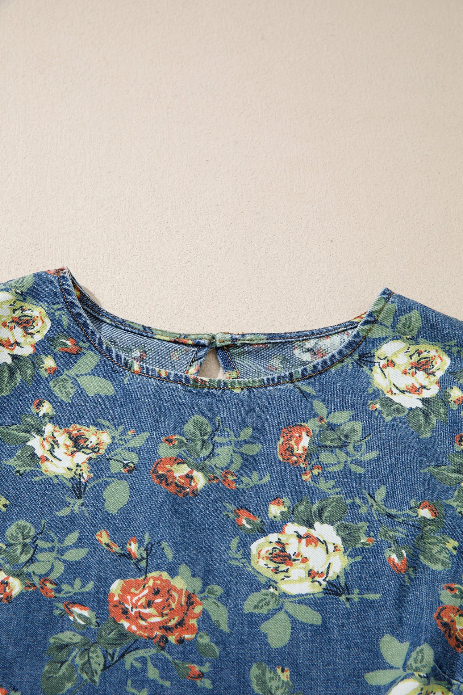 Floral Denim Ruffle Short Sleeve Top