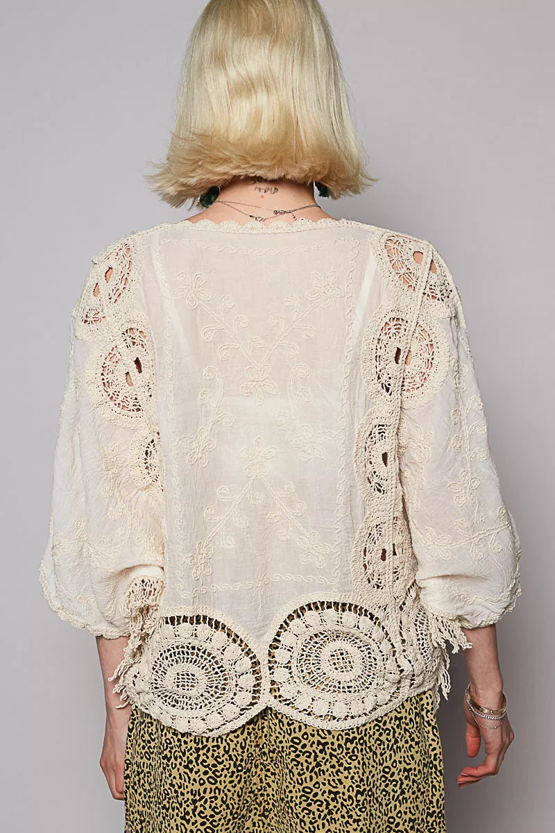 POL Round Neck Crochet Top with Floral Embroidery Detail