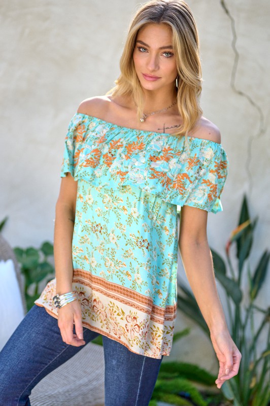 Davi &amp; Dani Printed Off Shoulder Smocked Top