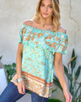 Davi & Dani Printed Off Shoulder Smocked Top