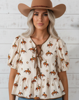 Western Cowboy Bow Tie Puff Sleeve Peplum Blouse