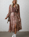 Floral Frilled V-Neck Split Front Tiered Midi Dress