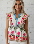 Floral Tie-Neck Stripe Detail Flutter Sleeve Blouse