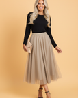 Solid Tulle Mesh Overlay Flared Midi Skirt