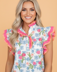 Floral Colorblock Flutter Sleeve Half Button Blouse