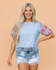 Gingham Floral Embroidered Puff Sleeve Blouse