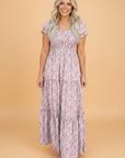 Floral Bubble Sleeve Shirred Waist Maxi Dress
