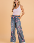 Floral Denim Elastic Waist Straight Leg Jeans
