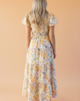 Floral Bubble Sleeve V-Neck Flared Maxi Dress