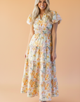 Floral Bubble Sleeve V-Neck Flared Maxi Dress