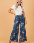 Floral Denim Pleated Tie Waist Wide Leg Jeans