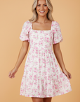 Floral Square Neck Bow Tie Back Mini Dress