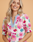 Floral Stripe Trim V-Neck Puff Sleeve Blouse
