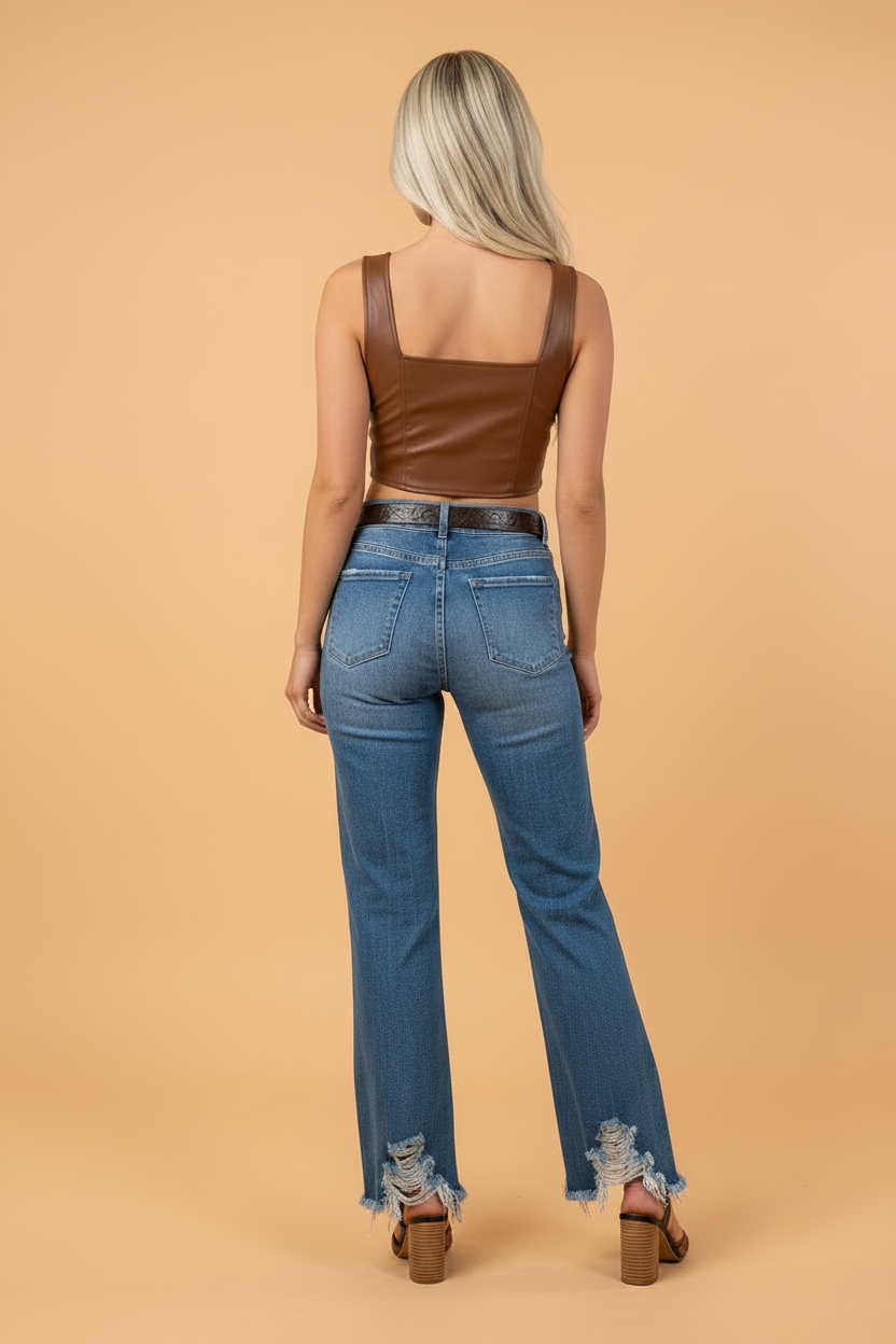 Denim High Waist Frayed Hem Flare Jeans