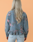 Floral Denim Raw Seam Ruffle Hem Jacket