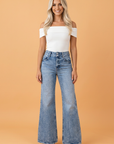 Denim Acid Wash Pockets Flare Jeans