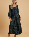 Plaid Lace Trim Long Sleeve Maxi Dress