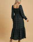 Plaid Lace Trim Long Sleeve Maxi Dress
