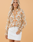 Floral Contrast Detail V-Neck Long Sleeve Blouse