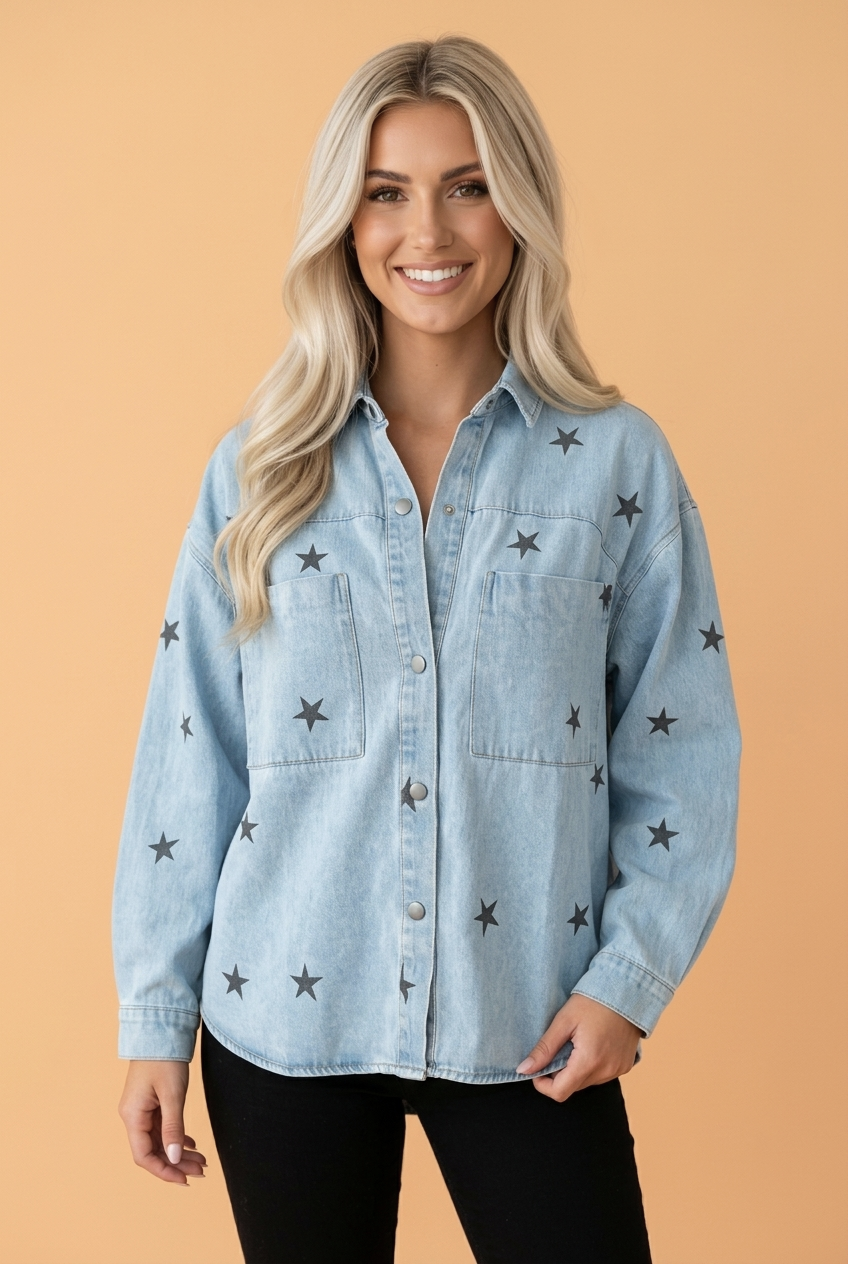 Star Denim Chest Pockets Long Sleeve Shacket