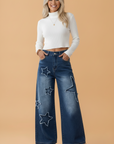 Star Patchwork High Rise Wide Leg Jeans