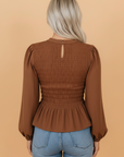 Solid Smocked Ruffle Hem Long Sleeve Blouse