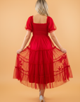 Swiss Dot Tulle Smocked Puff Sleeve Midi Dress