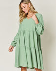 Double Take Full Size V-Neck Balloon Sleeve Tiered Dress with Pockets