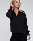 Zenana Woven Airflow V-Neck Long Sleeve Top