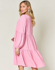 Double Take Full Size V-Neck Balloon Sleeve Tiered Dress with Pockets