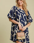 Umgee Two Tone Abstract Print Puff Sleeve Dress